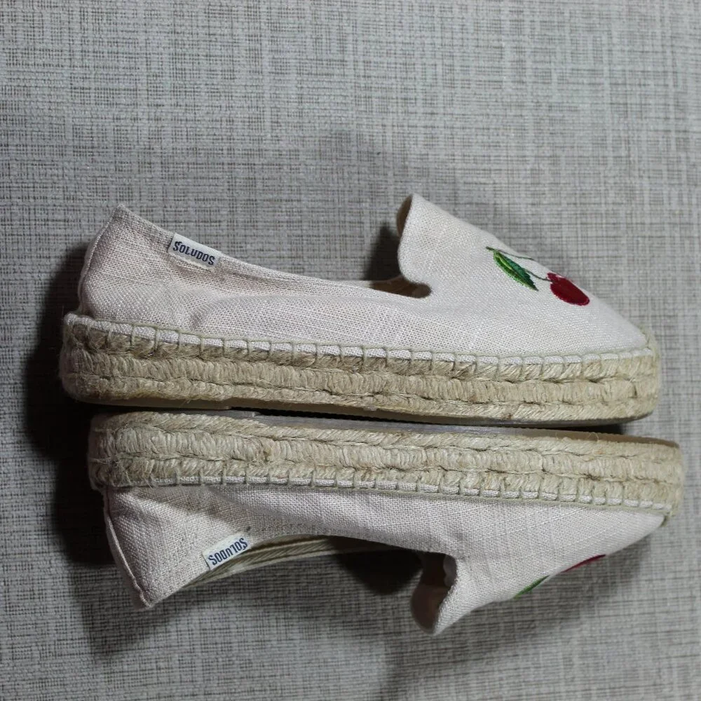 Soludos 7.5 Neutral Canvas Cherry Print Embroidered Platform Espadrilles Shoes